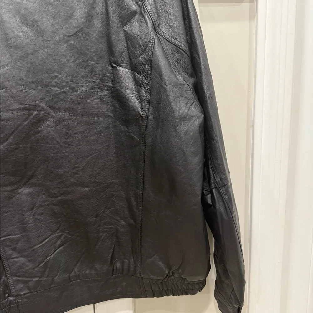 Oscar Piel Black Genuine Leather Bomber Jacket Mens L Lined‎ Collar Zip